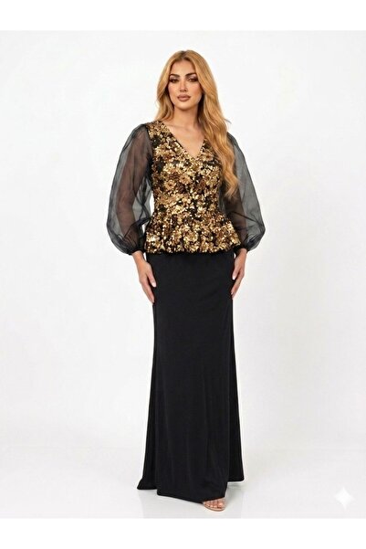 sea gulf Women's Evening Dress with Embroidered Bodice and Transparent Sleeves
