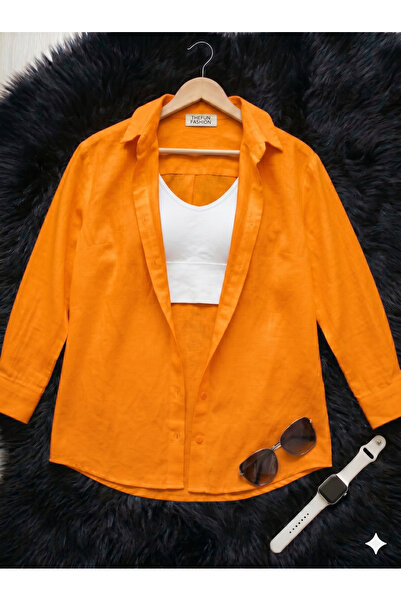 thefun fashion Kadın Oversize Kesim Dokuma Keten Uzun Kollu Turuncu Gömlek %1...