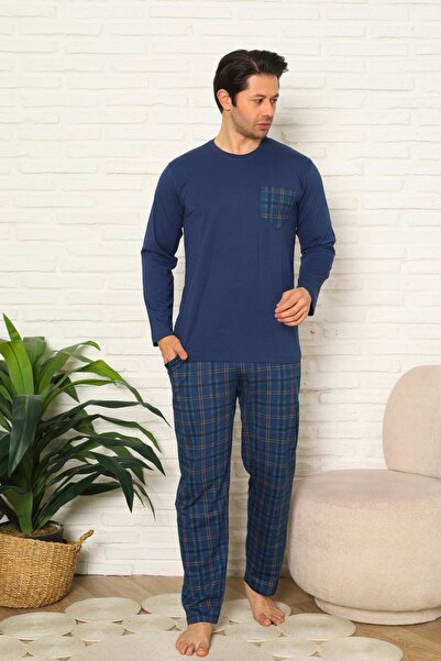 ALİMER Men's Pajama Set - Indigo Checkered Long Sleeve Combed Cotton 1223Uy