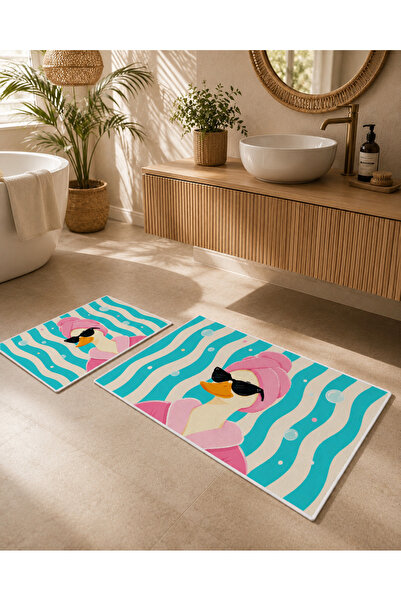 Evmila Turquoise Wave and Duck Patterned Bath Mat with Velvet Dot Base