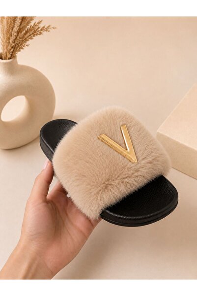 luvo shoes Bej Peluş Kadın Terlik Gold V Detaylı Premium Ev Terliği