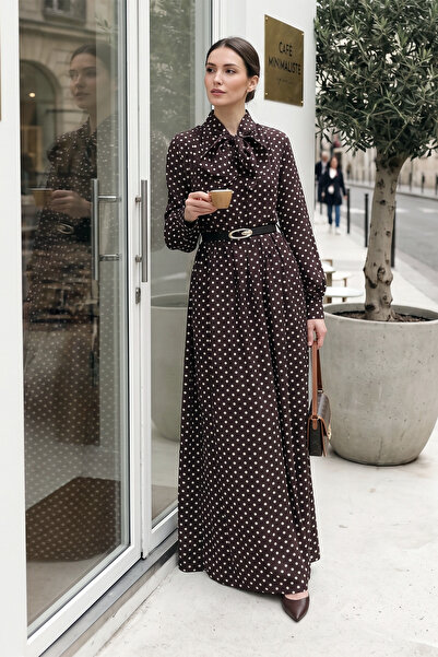 MODAQU Polka Dot Viscose Dress with Scarf Collar and Belt - Brown
