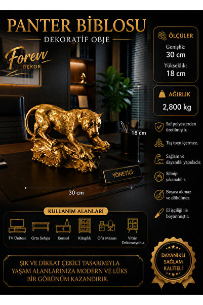 forevv Dekor Panter Biblosu Gold Dekoratif Heykel Salon Ofis Konsol TV Ünites...