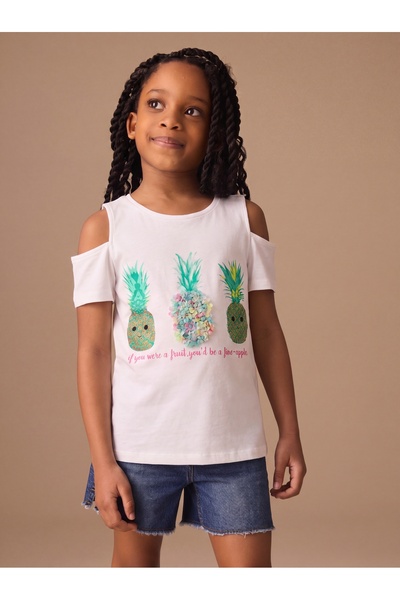 Tinymuyt Kız Çocuk Özel Baskılı Açık Omuz Model Penye Tshirt Bej