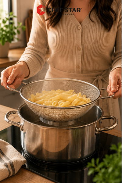Chefstar 25 CM PASLANMAZ ÇELİK ÇİFT KULPLU TEL SÜZGEÇ MAKARNA VE SEBZE SÜZGECİ