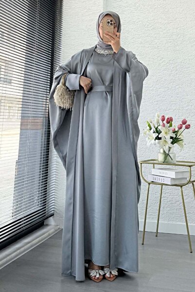 MELEK ARAZ Premium Taş İşlemeli Kum Saten Abaya Takım - Gri