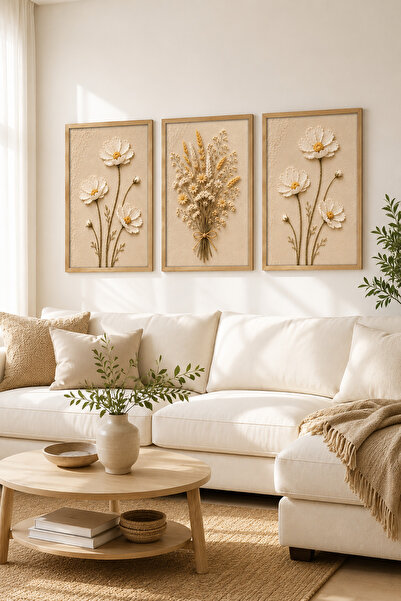 ARTI HOME Tablo Seti 3 Parça Kabartmalı Çiçek Temalı – Papatya ve Kuru Çiçek ...