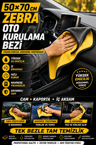 HR PAK 50x70 Cm 3 Adet Çift Taraflı Zebra Mikrofiber Araç İç Dış Yıkama Temizleme Toz Alma Kurulama Cam Bezi Araba Havlusu Oto Bezi