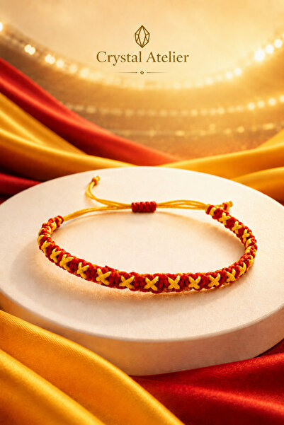 Crystal Atelier Yellow Red Macrame Fan Bracelet Handmade Adjustable Unisex