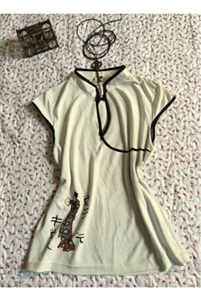 BALİNA Ekru Mandarin Yaka Vintage Geisha Baskılı Y2K Kısa Kollu Crop