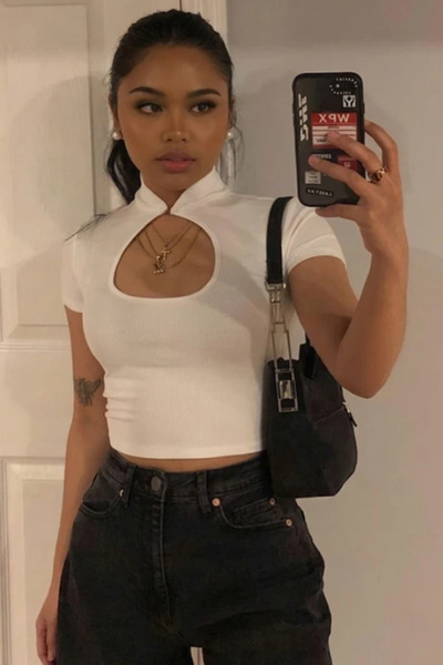 Yukatay White Plain Drop Collar Y2K Short Sleeve Crop