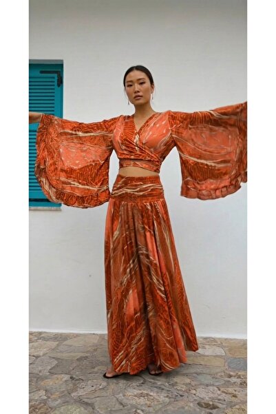 moda gk Gold Shiny Patterned Bohemian Imported Silk Set