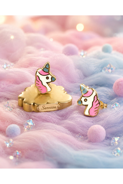 Sarezza Gold Gold 14 Ayar Altın Pembe Mavi Unicorn Çocuk Küpesi