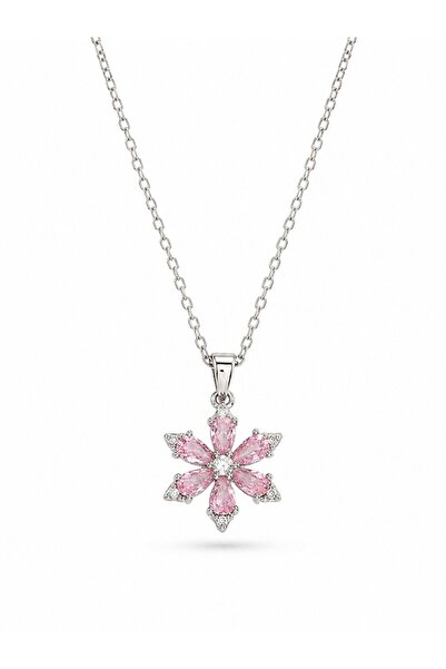serelya 316L Çelik Zincir Gümüş Renk Pembe Zirkon Taşlı Lotus Çiçeği Model Ka...