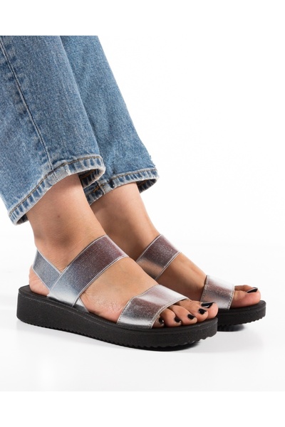 ALOGO Women's Silver Sandals with Elastic Straps Mann