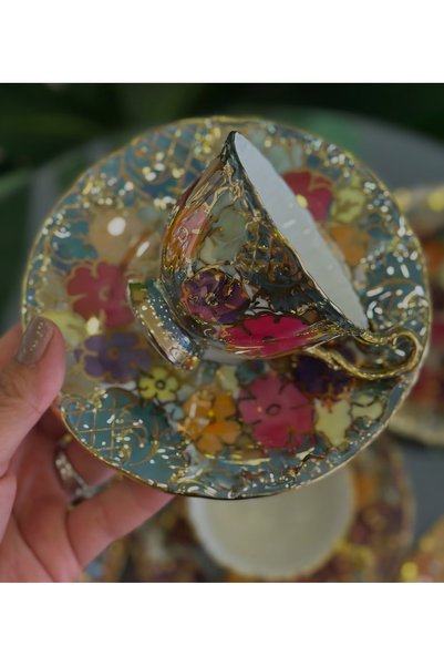 BY.RAYKA PORSELEN El Dekor Ipek Triya Porcelain Hand-Painted 6-Piece Cup Set