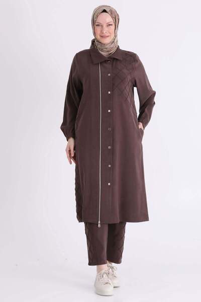 ottoman wear Behrem Büyük Beden Tesettür Pantolonlu Takım Kahve OTW35153