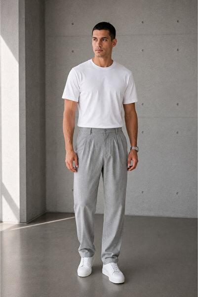 Polo State Erkek Gri Baggy Fit Pileli Kumaş Pantolon