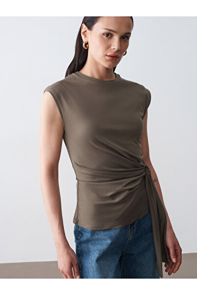 Dilvin 32724 %100 Pamuk Bağlama Detaylı T-shirt-Haki