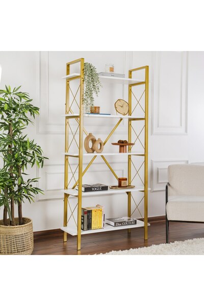 Rani Mobilya Rani Home Kitaplık Beyaz Raflı Gold Metal Ayaklı 5 Raflı HC-5266