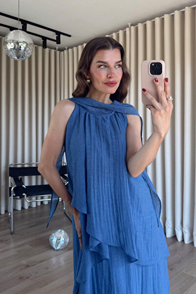 Sue Store Blue Asymmetrical Cut Shawl Detailed Lined Viscose Dress