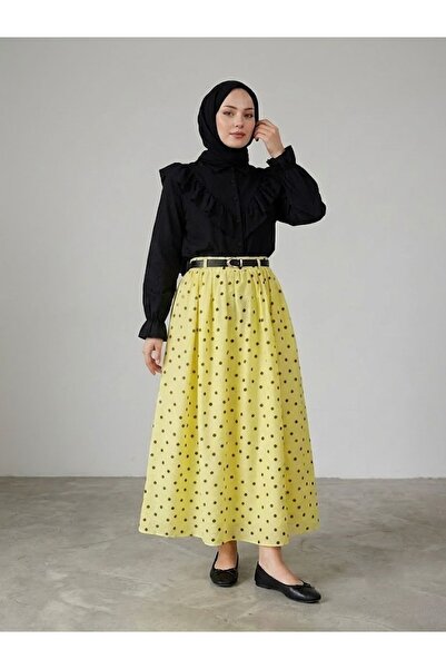 Lunsera Store تنورة منقطة بتفاصيل حزام - أصفر