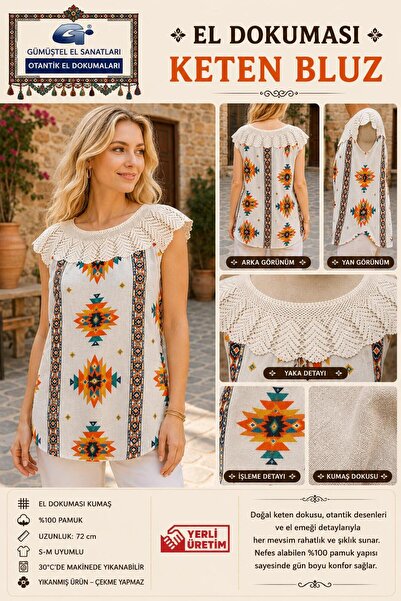 GÜMÜŞTEL EL SANATLARI Handwoven Ethnic Patterned Linen Blouse