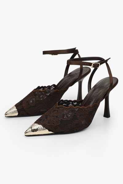 Shoeberry Women's Adea Brown Lace Gold Accessory Detailed Heeled Shoes