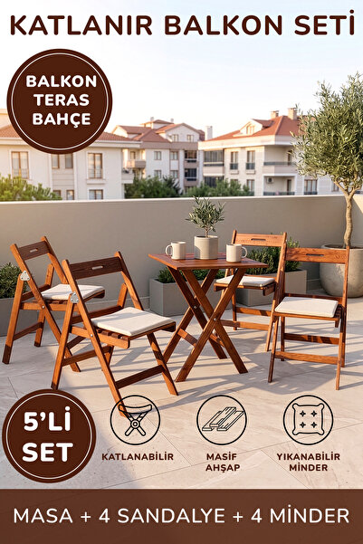Minimalisso Masif Katlanır Balkon Bistro Set Minderli [5'li] Bahçe Teras Mutf...
