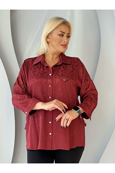 ARAS Jakarlı Saten Dokulu Oversize Gömlek - Bordo