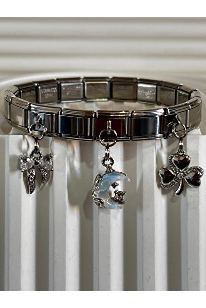 bijoux uniques taşlı kurdele&ay&yonca çelik italyan charm bileklik