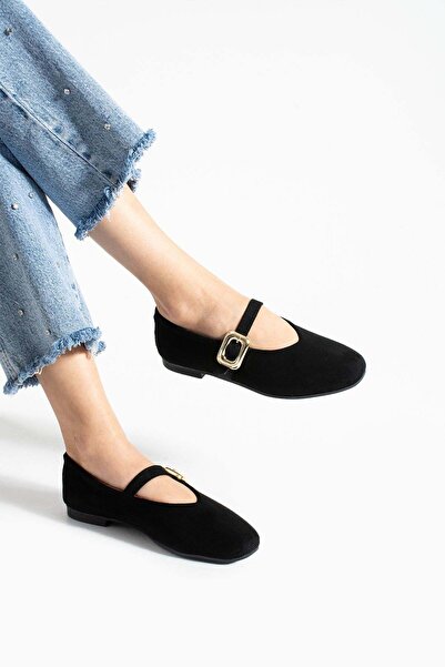 DUALİPA Women's Black Suede Ballerinas with Buckle Detail