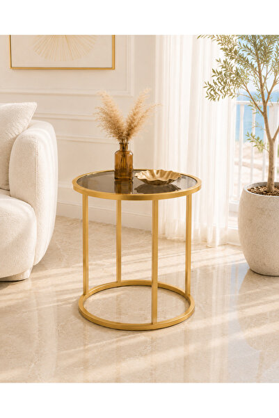 lowena home Gold Metal Gövdeli Cam Yuvarlak Yan Sehpa 42x54cm