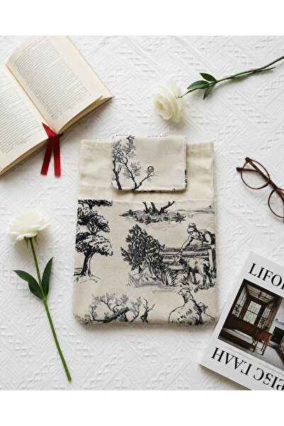efsunkar Vintage Manzara Desenli Kanvas Kitap Çantası Çıtçıtlı Kitap Koruyucu...