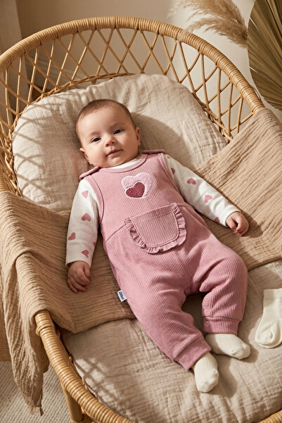 Babydonat Kalp Nakışlı Fitilli Pamuklu Bebek Salopet Takımı Çorap Hediyeli - ...