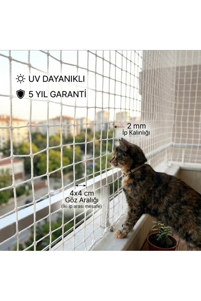 GüneyBey File Kedi Balkon Filesi | 1,5 x 3 Metre | Beyaz | 2 mm İp, 4x4 cm Gö...