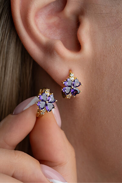 beonejewelry 925 Ayar Gümüş Mor Taşlı Lotus Çiçeği Küpe