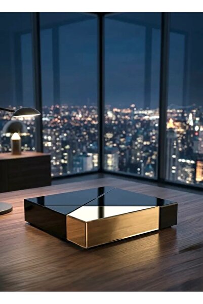 LUXURY VİLLA LUXURY SIYAH CAMLI GOLD AYNALI DEKORATİF TEKERLEKLİ ORTA SEHPA 9...