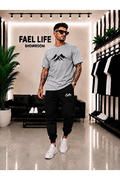FAEL LİFE طقم تي شيرت وبنطلون رياضي واسع للجنسين مطبوع عليه منظر جبلي