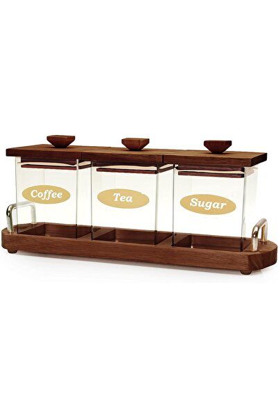 Belly Storage Canister Set for Coffee, Tea, and Sugar with Wooden Lid and Holder