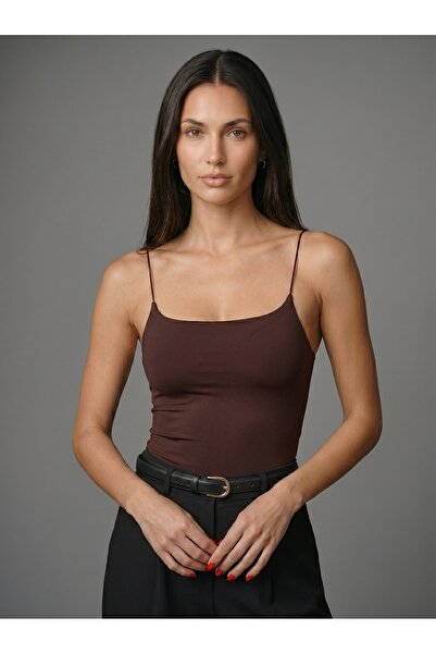 Noe Collection Kadın Kahverengi İnce Askılı Bodysuit Çıtçıtlı Slim Fit Likral...