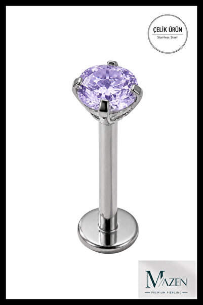 MAZEN 3 mm Lila Taşlı, 6 mm Kısa Barlı, Cerrahi Çelik Piercing Tragus Helix L...
