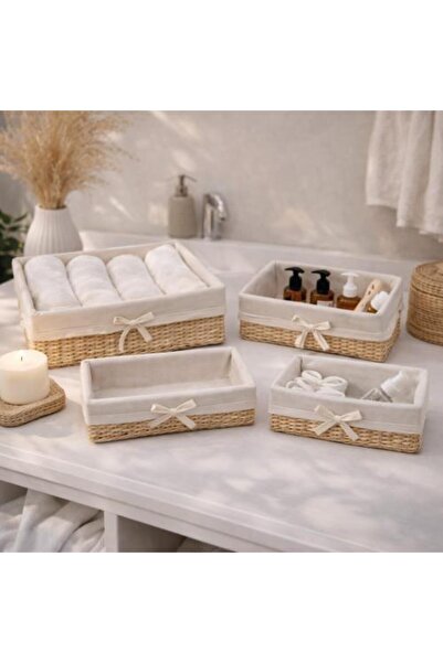 Generic Wicker storage basket set with fabric lining and elegant tie