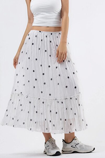 Hiccup Busem Ruffled Dots Patterned High Waist Maxi Skirt