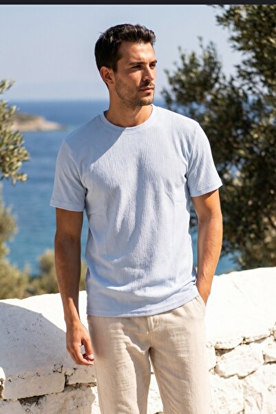 Azıcık Akıllı Men's Light Blue Plain Basic Flexible Crepe Wrinkle Fabric Thin...