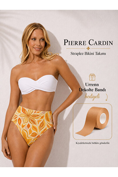 Pierre Cardin طقم بيكيني بدون حمالات - خصر مرتفع، مبطن لرفع الصدر - مع شريط ه...