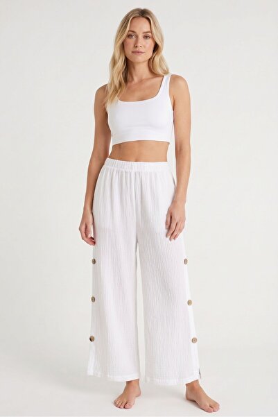 OBJE Women's White Button Detailed Wide Leg Trousers