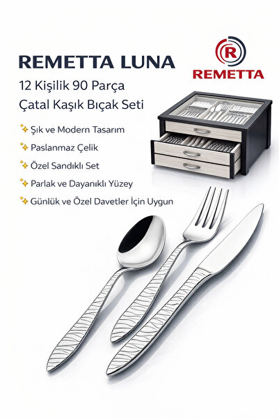 Remetta Luna 12 Kişilik 90 Parça Çatal Kaşık Bıçak Seti Sandıklı Paslanmaz Çelik