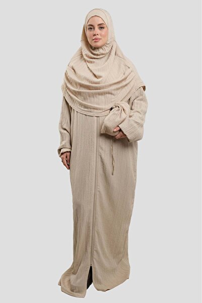 HÜRREM BONE Beige Two-Piece Zippered Prayer Dress Woven Self-Patterned 2516_12