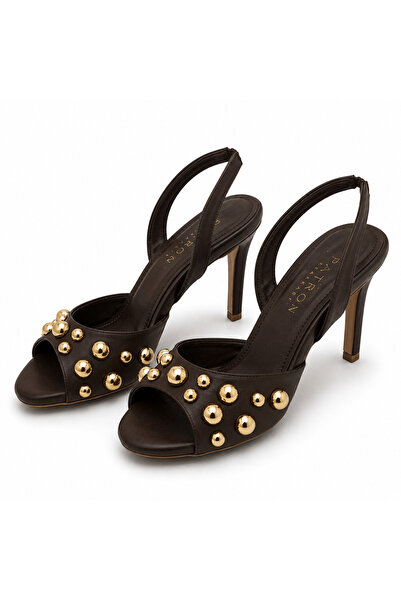 PATRON SHOES حذاء نسائي بكعب رفيع مزين بحجر ذهبي - حذاء أنيق مفتوح من الأمام ...